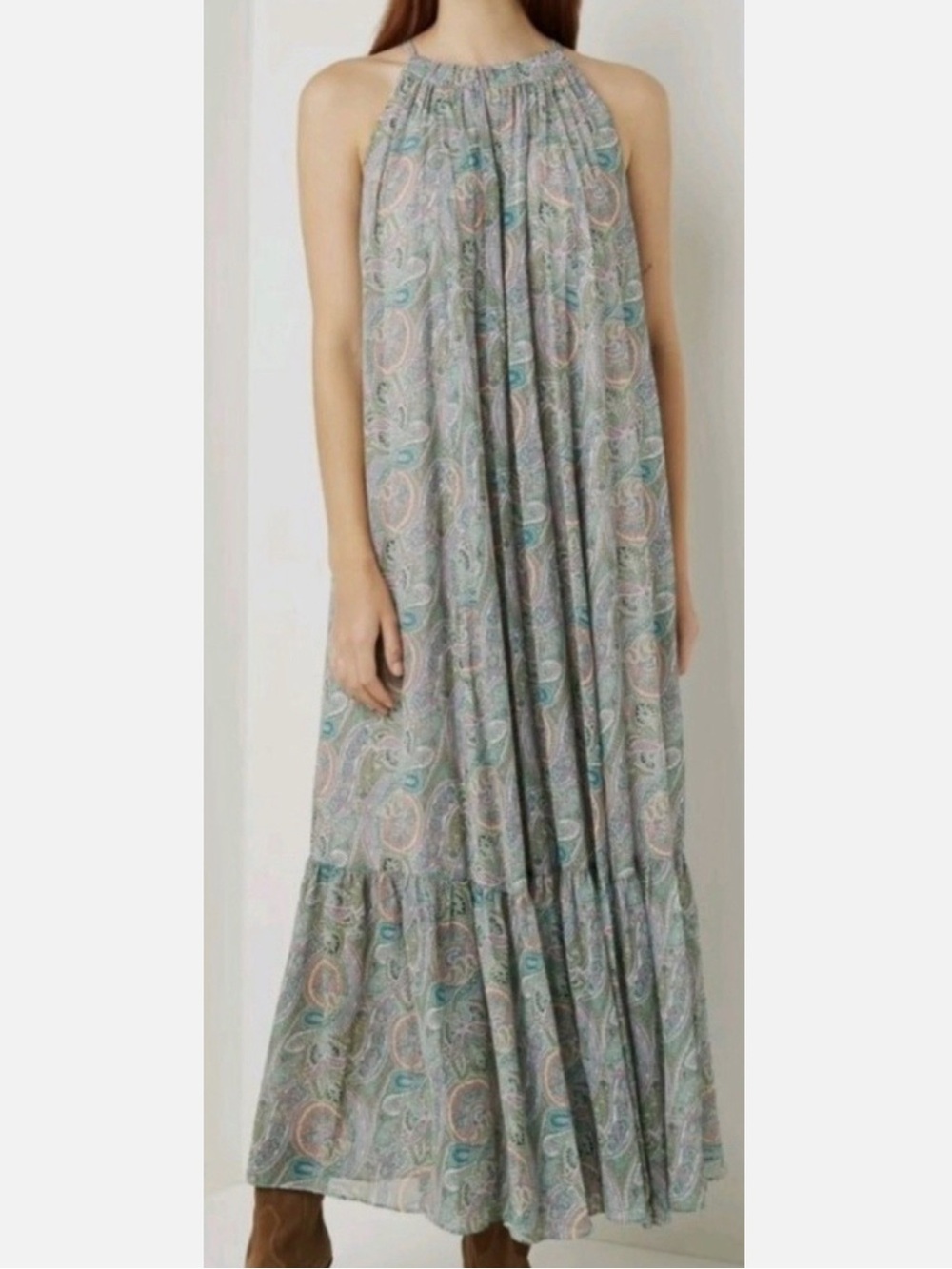 Allsaints Roma Shamina Paisley Halter Maxi Dress in Sage and Lavender Sz 10